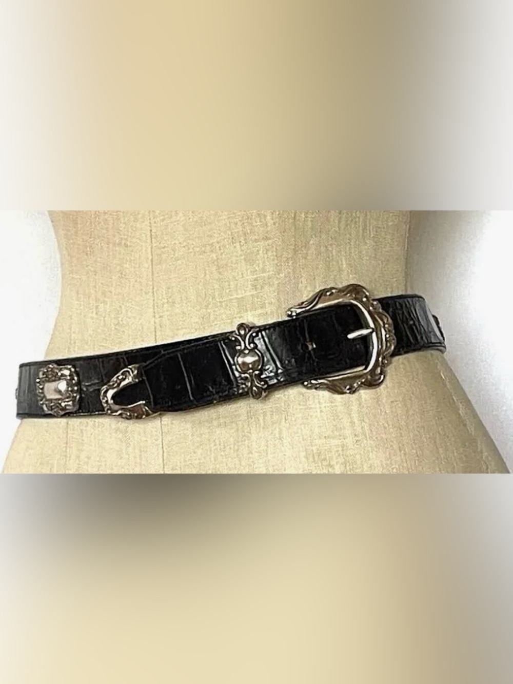 Brighton Black Croc-Embossed Leather Belt with Silver Decorative Buckle